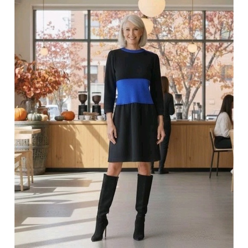 Vintage St. John Saks Knit Dress Women's 8‎ Blue Black Colorblock Button **Flaw